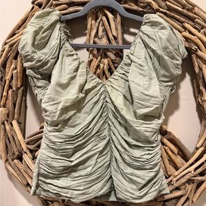 Abercrombie & Fitch Sage Green Ruched Puff-Sleeve Top